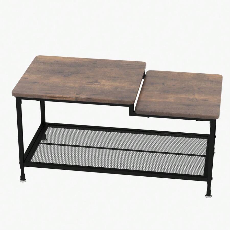 Industrial 2-Tier Coffee Table For Living Room - Rustic Design With Sturdy Metal Frame - Wire Mesh Shelf - Rectangular, Easy To Assemble, Ideal For Small Spaces And Vintage Decor - 棕色 - 查看 1