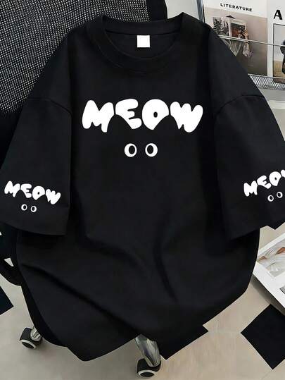 Letter Cat Print Round Neck Graphic T-Shirt, Plus Size Women's Casual Summer Top, Fashion Sleeve Print Short Sleeve Black