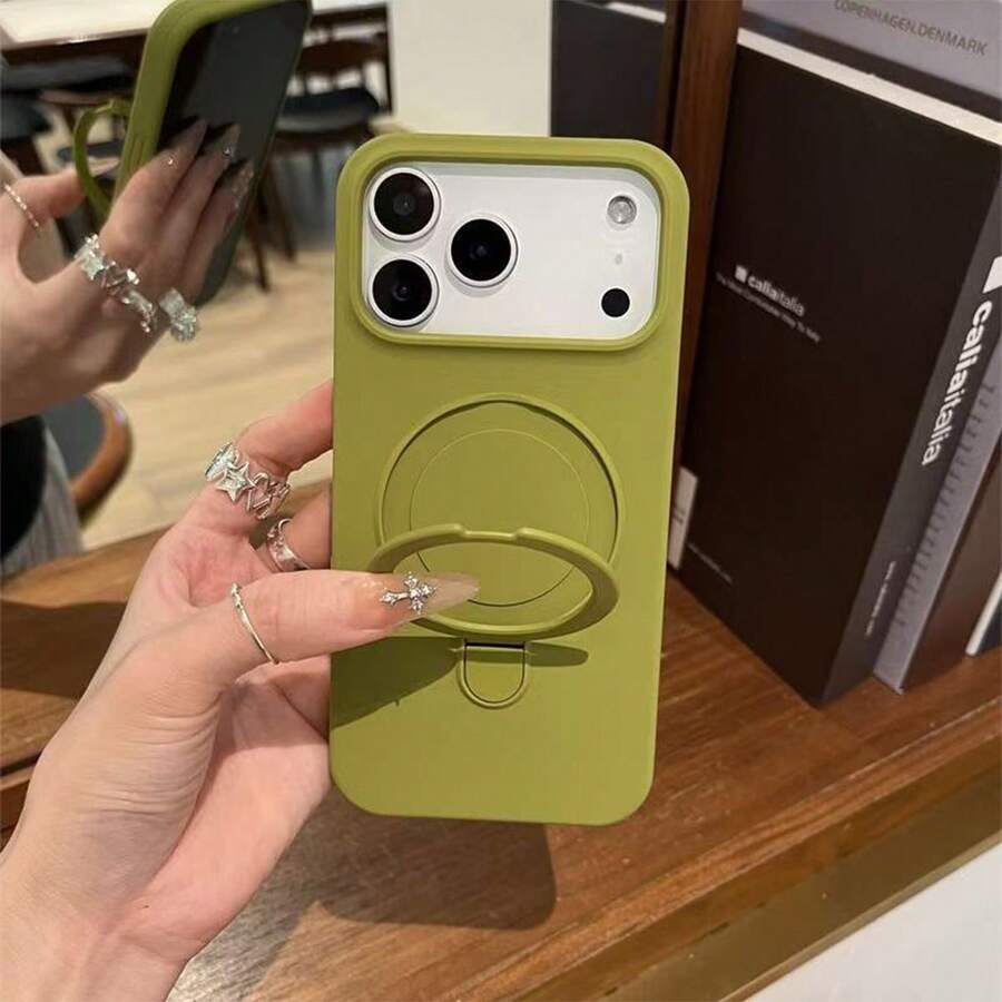 Magnetic 1pc Luxury Matte Silicone Invisible Ring Holder Phone Case, Compatible With IPhone 17 Air 16 15 14 13 12 11 Pro Plus Max, Supports Wireless Charging - Dark Green - View 1