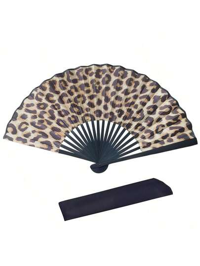 Elegant Leopard Print Folding Fan With Black Frame - Fashion Princess Theme, Lightweight And Portable For Women, Hand-Held Fan | Princess Theme Fan | Lightweight Fan,Spring Summer Picks,Brides Maid Gifts,Room,Bedroom Decor,Beach,Travel,For Men,For Women,Vacation,Cute Stuff