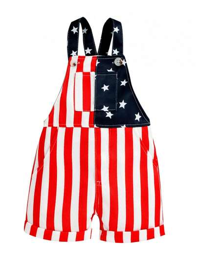 Infant Baby 4th Of July Outfits Star Overalls Jumpsuit Shorts, Stripe Print Sleeveless Suspender Pants Cute Style Clothing