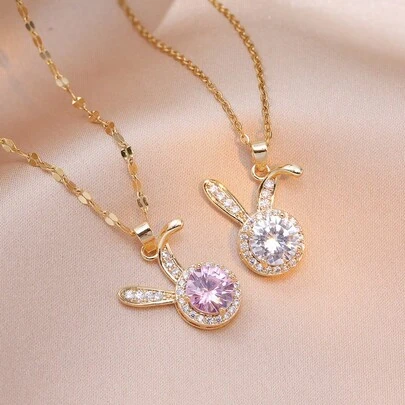 Collar de conejo de acero inoxidable para mejores amigos, par de diamante de imitación rosas y blancos, regalo ideal para aniversario y cumpleaños