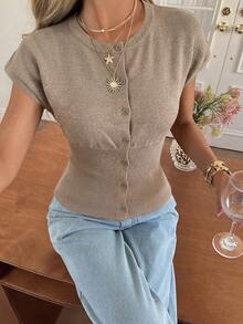 女士休闲简约纽扣前襟蝙蝠袖针织背心，适合日常穿着，四季皆宜，春夏上衣，优雅休闲外套 - 駝色 - 查看 3