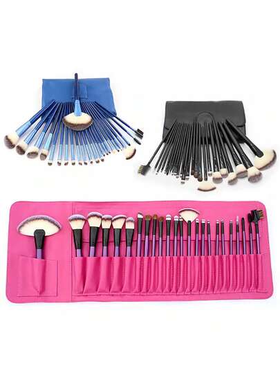 Bộ cọ trang điểm 24 món màu tím, xanh dương, đen với cán màu tím, cọ đánh phấn.