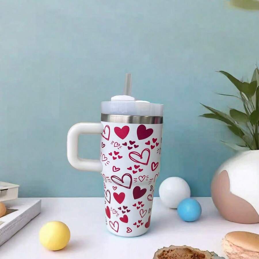 600ml Thermal Mug With Handle, Lid And Straw – Flower Print 1866-600ml - Branco 3 - 查看 1