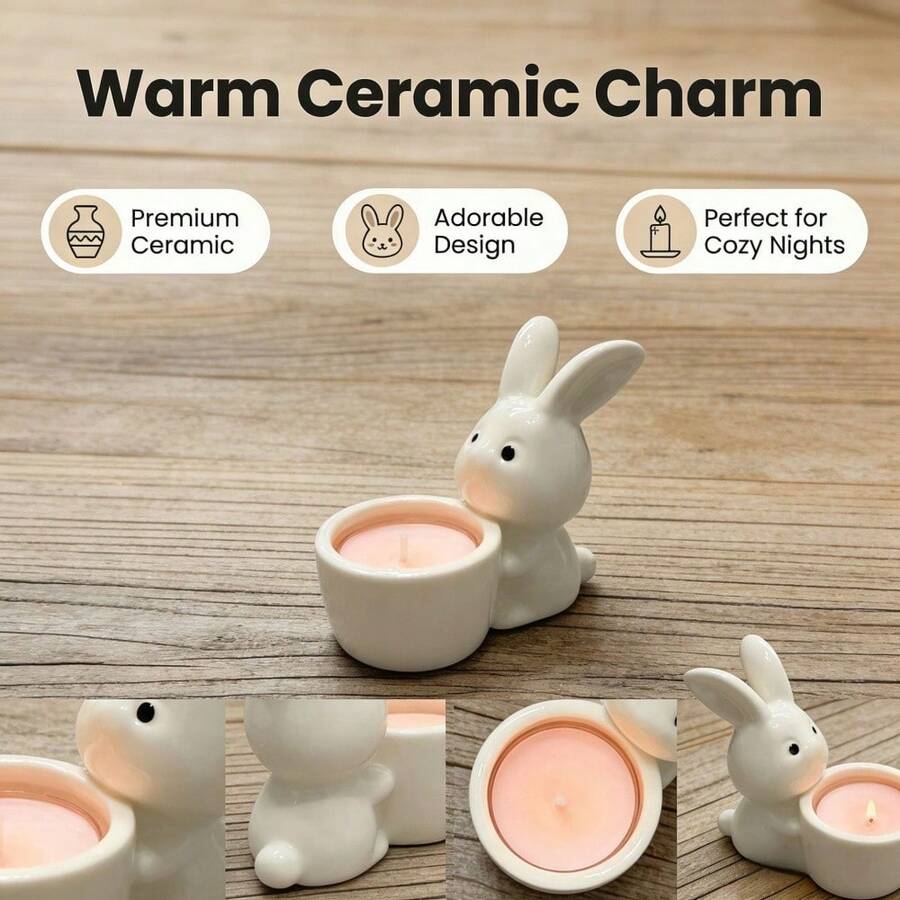 1pc Mini Ceramic Rabbit Candle Holder, Creative Cartoon 3D Animal Theme Round Plate Candle Holder, Party Decor, Home Gathering Decor, Suitable For Holidays, Festivals, Family Gatherings, Cute Gift - 1PC - View 1