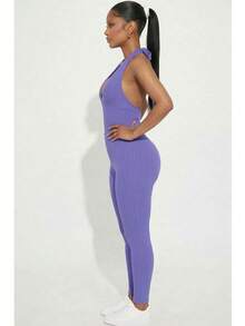 Women's Rib Knit Halter V-Neck Bodycon Jumpsuit - Casual Solid Color, Slim Fit Summer Jumpsuit, Polyester, Machine Washable - Chive Blossom - View 2