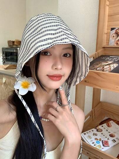 1pc Striped Tie Outdoor Sun Hat For Women, Wide Brim Design To Flatter Face, Versatile Korean Style Sun Protection Hat, Suitable For Outdoor Gazebo, Hiking, Beach Vacation
