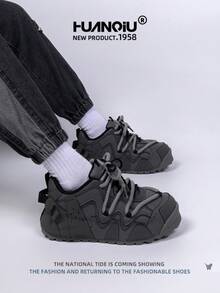 HUANQIU 2026 New Men's Shoes, Men's Sneakers, Thick-Soled Casual Shoes, Fashionable Multi-Functional Lightweight Comfortable Lace-Up Sneakers, Soft-Soled Casual Shoes, Running Shoes, Gray All-Season Shoes - Dark Grey - View 5