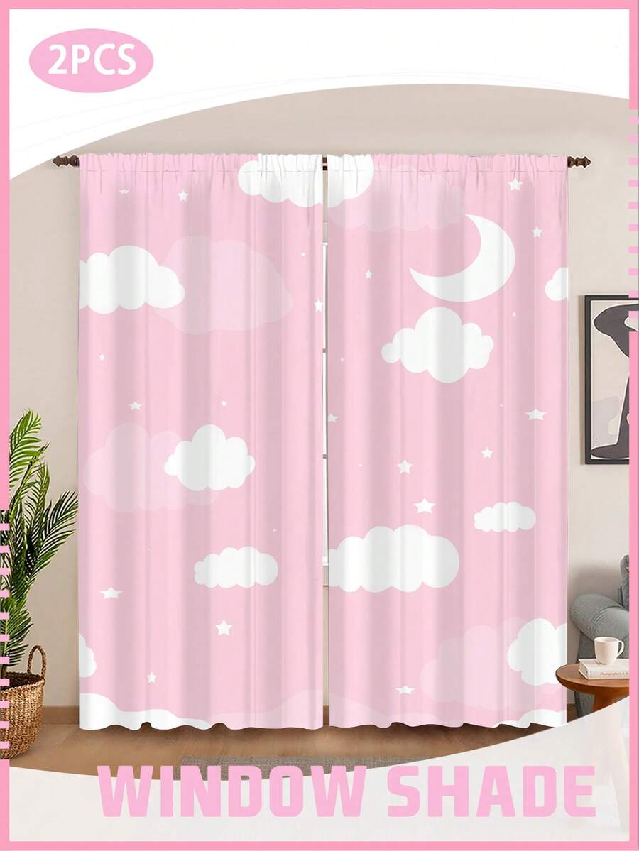 Bộ 2 rèm cửa sổ in hình mây, trăng và sao, màu hồng pastel, thích hợp cho phòng trẻ em, trang trí phòng ngủ bé gái, rèm cửa sổ phòng ngủ thẩm mỹ, bán sỉ theo nhóm. - Nhiều màu - Xem 1
