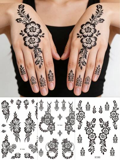 3张黑色海娜临时纹身贴纸，防水持久，藤蔓花卉几何对称图案，适合女性，日常穿搭，海娜人体彩绘，黑色海娜纹身，海娜纹身配件