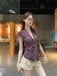 女士法式波点短袖露脐上衣，夏季 - 咖啡棕 - 查看 8