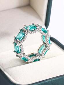 Nhẫn hình chữ nhật độc đáo với bốn chấu, màu xanh lá cây, đính đá zirconia tổng hợp, quà tặng trang sức dành cho phụ nữ. - trắng - Xem 5