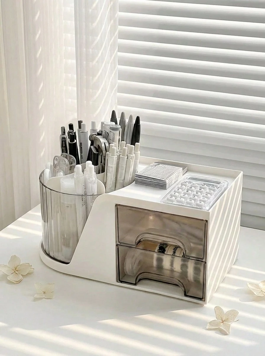 1pc Small/Large Revolving Cylinder Storage Box With Drawer For Desktop Stationery & Desk Organization, Office Pen Holder Shelf - White - View 1