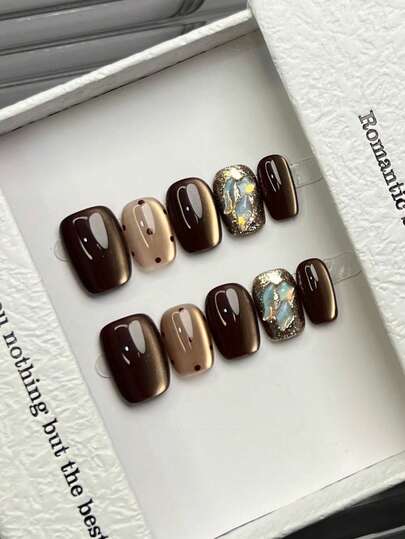 10pcs Handmade Nails Square Nails Acrylic Press On Nails Short, Minimalism Brown Nails, Flashy Cateye, Glitter Powder Handpainted Polka Dots Pattern, Simple Elegant Luxury Handcrafted Nails Spring Nails, Summer Press On Nails, Versatile Nails DIY False Nail Art Party Daily & Dating Use Beach Tropical Getaway Suitable Reusable, For Women & Girls As Gift Nail Supplies