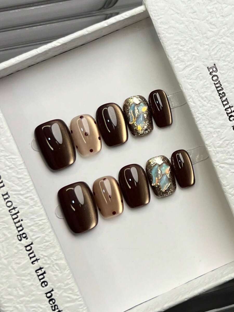 10pcs Handmade Square Short False Nails, Minimalist Brown, Shimmery Cat Eye, Hand-Painted Glitter Dotted Pattern, Elegant Luxury Handcrafted Nails For Spring/Summer, Multifunctional DIY Fake Nails Suitable For Party, Daily Wear, Date, Beach Holiday, Gift For Women & Girls - Multicolor - View 1