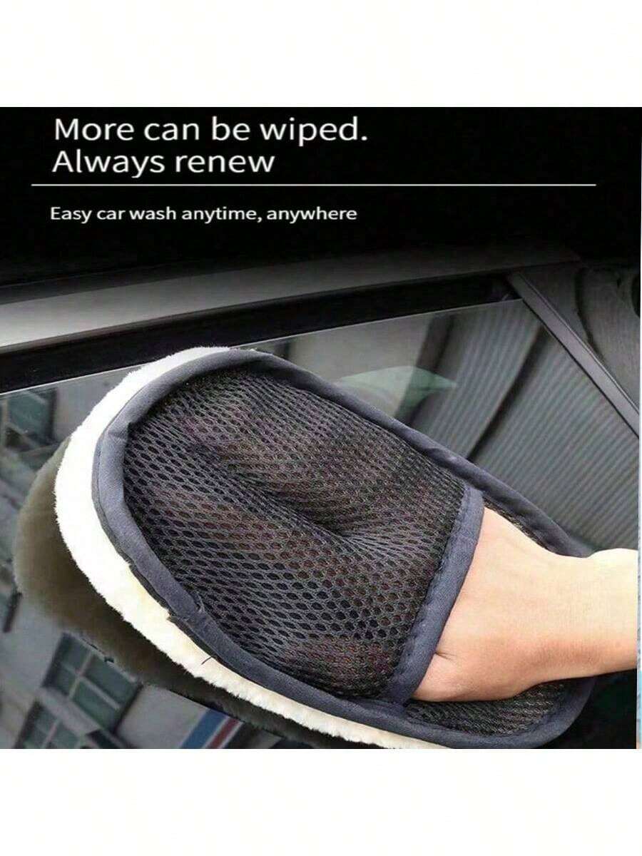 1pc Black Single-Sided Car Washing Glove, Faux Wool Plush Thickened Bear Paw Car Wash Glove - A - View 1