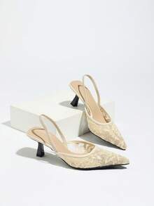 女士米色蕾丝花卉刺绣尖头踝带细高跟凉鞋 - 杏色 - 查看 7