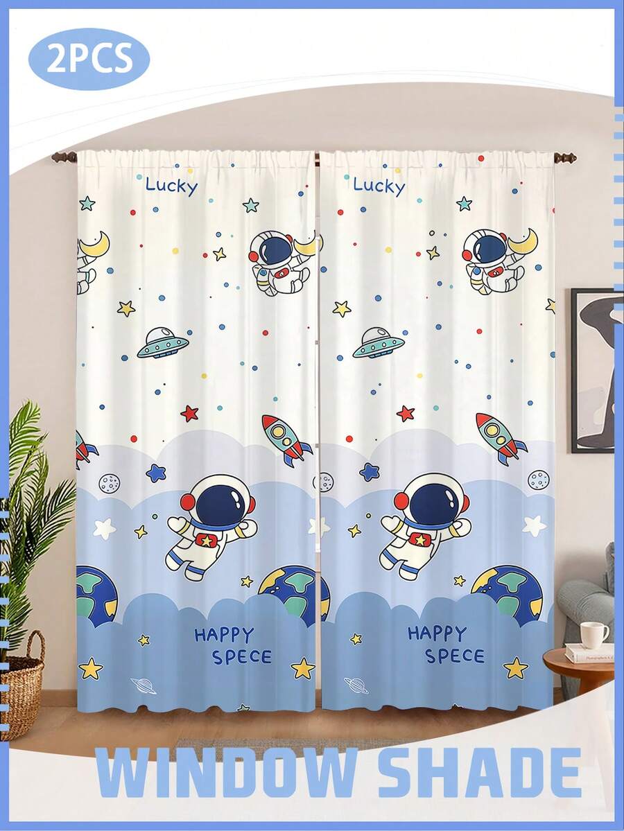 2 Paneles de cortina decorativa con diseño impreso de astronauta, cohete, planeta y estrellas para habitación de niños, fácil de limpiar - lavable a máquina - Multicolor - Ver 1