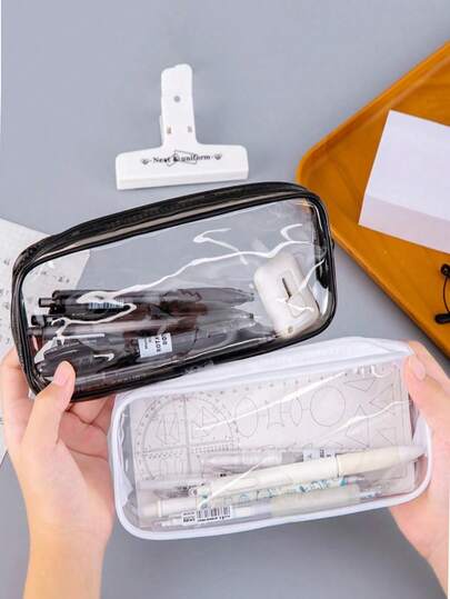 1 Estuche de lápices transparente de verano, estuche de lápices transparente para exámenes, bolsa de almacenamiento de cosméticos impermeable de PVC con cremallera, bolsa de viaje, bolsa de maquillaje (blanca), temporada de regreso a la escuela, útiles escolares