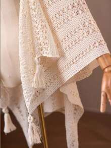 佩斯利花纹休闲镂空钩针披肩，通勤防晒外套，修身镂空针织斗篷，百搭披肩，沙滩度假必备 - 杏色 - 查看 7