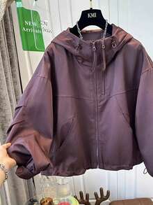 女士春秋宽松连帽风衣外套，时尚百搭短款修身飞行员夹克 - 深紅色 - 查看 3