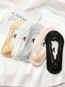 5双女士蕾丝隐形船袜，精致蕾丝边，轻盈透气，硅胶防滑，搭配鞋子和高跟鞋，尽显优雅气质！ - 彩色 - 查看 6