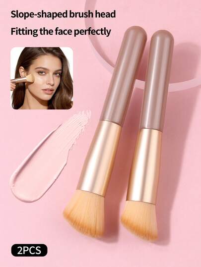 2PCS Coffee Color Foundation Brush, Blush Brush, Slope Brush,Plastic Handle, Medium Handle Sloping Brush Head,Base Makeup, Smooth And Flawless,Cosmetic Brush Makeup Brush.Portable Version,Makeup Products Makeup Tools,Household Outdoor Unisex