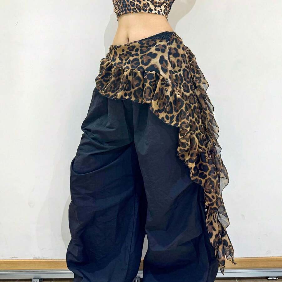 1 Pc Women'S Leopard Ruffle Tie Up Waist Scarf For Jazz Dance - 黑色腰帶 - 查看 1