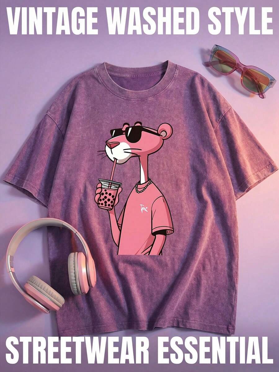 The Latest American-Style 100% Cotton T-Shirt Suitable For Both Men And Women. Featuring A Fun Retro Pink Leopard Print Cartoon Letter Pattern. This Is A Street-Style Korean Version Of Comfortable And Retro Fashion For Daily Commuting And Versatile Clothing That Fits The Y2k . It Is A Regular, Niche Punk-Style Black Round-Neck Short-Sleeved Washed T-Shirt With A Relaxed Fit. This Is A Washed Retro Series Of Comfortable Cotton T-Shirts, Easily Creating Retro Casual Clothing. It Is Suitable For Daily Commuting, Casual Outings, Music Festivals, And Daily Wear. Classic Retro Style. Men's Printed T-Shirt, Women's Printed T-Shirt, Couple's Outfit. - 紫羅蘭色 - 查看 1