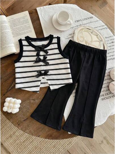 一套女婴时尚优雅黑白条纹蝴蝶结装饰套装 - 无袖上衣 + 喇叭裤，轻便休闲/派对装，春夏款