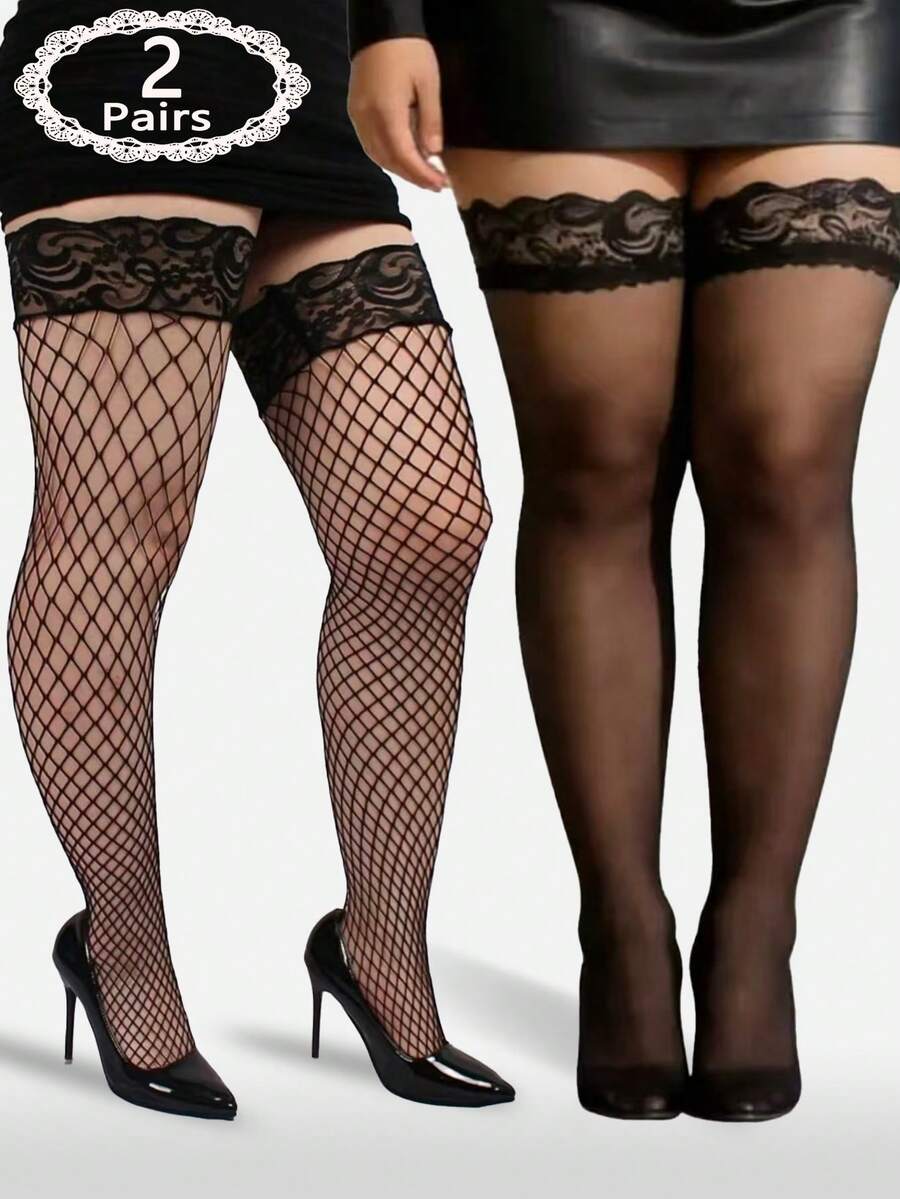 2 Pairs Black Thigh High Stockings, Lace Breathable Slimming Mid-Calf Socks, Sexy Fishnet Thigh High Socks - Black - View 1