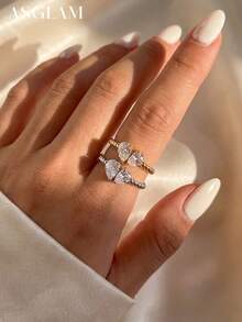 1枚奢华双梨形切割立方氧化锆戒指，925纯银单枚戒指，精致珠宝礼物，适合女孩生日、舞会等场合 - 款式1 - 查看 4