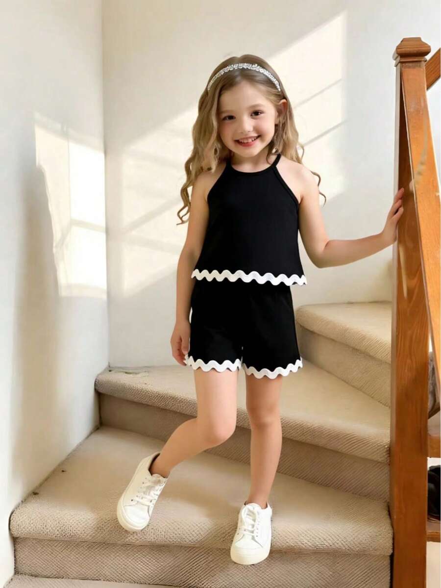 女童夏季吊带背心和短裤两件套 儿童夏季休闲度假风荷叶边套装 - 黑色 - 查看 1