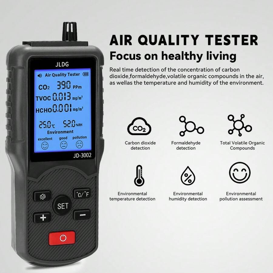 Six In One Formaldehyde Tester Air Quality Tester Air Detection Carbon Dioxide Detection Portable Temperature Detection, Humidity Detection Harmful Volatile Substance Tester, Pollution Assessment Tester - Black - View 1