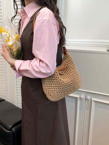 Dedoo 女士钩针编织单肩包，轻便编织沙滩手提包，适合夏季度假 - 卡其色 - 查看 7