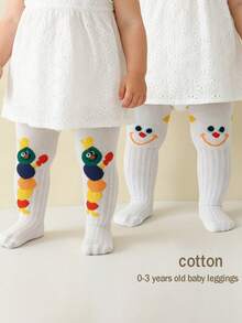 2pcs Girls' Cute Bug & Face Cotton Tights, Breathable Thin Leggings For Spring/Summer - White - View 9