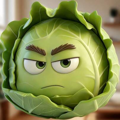 Angry Vegetable Face: Frowning Cabbage Refrigerator Magnet, With Tightly Pursed Lips And Leaf Details, Represents Your Daily Kitchen Mood In Vegetable Form - For When You Need An Adorable Grumpy