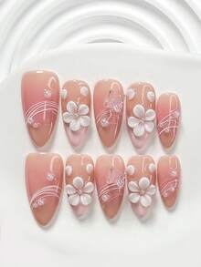10件套温柔优雅亚克力美甲套装，包含3D极光蝴蝶美甲装饰、手工制作的白色五瓣小珍珠花、柔和的粉色和白色笔触细节，附赠美甲工具（1个果冻贴+1个指甲锉），适用于方形、短方形和杏仁形指甲，是春夏日常、派对、拍照、通勤的理想之选。 - 彩色 - 查看 3