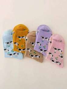 5双装女士卡通袜子，可爱奶牛图案，透气保暖，动物图案中筒袜 - 彩色 - 查看 3