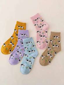 5双装女士卡通袜子，可爱奶牛图案，透气保暖，动物图案中筒袜 - 彩色 - 查看 6
