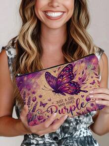 1pc "Just A Girl Who Loves Purple" Butterfly Print Cosmetic Bag, Modern Style Polyester Lightweight Travel Organizer - Multicolor - View 3