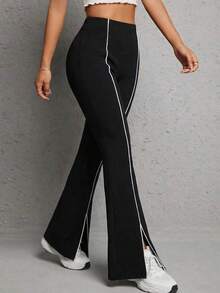 Classic Black Casual Pants With Contrasting White Side Stripes, High-Waisted Slim Fit With Slightly Flared Leg Design To Elongate The Legs, Stretchy Draping Fabric, Retro American Sports Style Suitable For Fitness, Shopping, Outings, Spring/Autumn, Vintage Sports Themed Parties, And Daily Wear. - Black - View 1