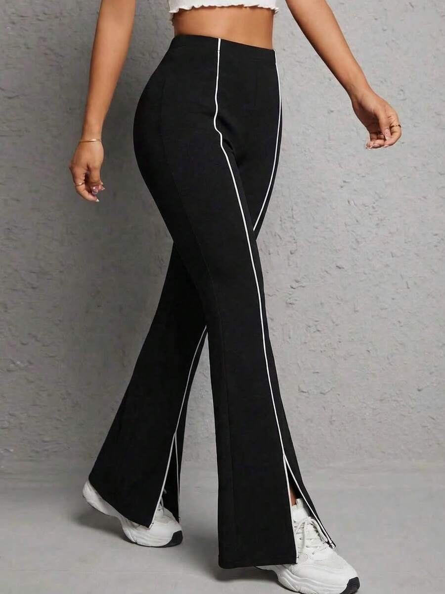 Classic Black Casual Pants With Contrasting White Side Stripes, High-Waisted Slim Fit With Slightly Flared Leg Design To Elongate The Legs, Stretchy Draping Fabric, Retro American Sports Style Suitable For Fitness, Shopping, Outings, Spring/Autumn, Vintage Sports Themed Parties, And Daily Wear. - Black - View 1
