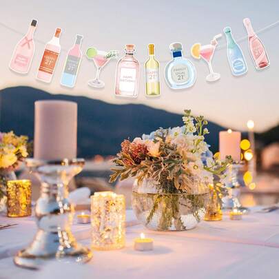 10 chiếc cờ trang trí hình chai rượu Tequila Champagne màu hồng - Trang trí sinh nhật lần thứ 21, trang trí đám cưới.