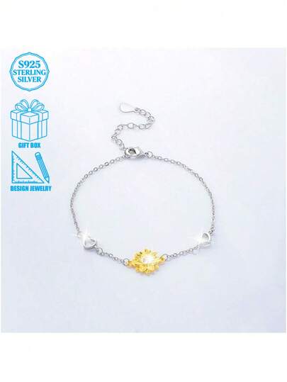 925 Silver Elegant Sunflower Bracelet, Luxury & Exquisite, Unique Design, Zirconia Sunflower Jewelry For Women, Suitable For Daily Wear, Vacation And Party Gifts