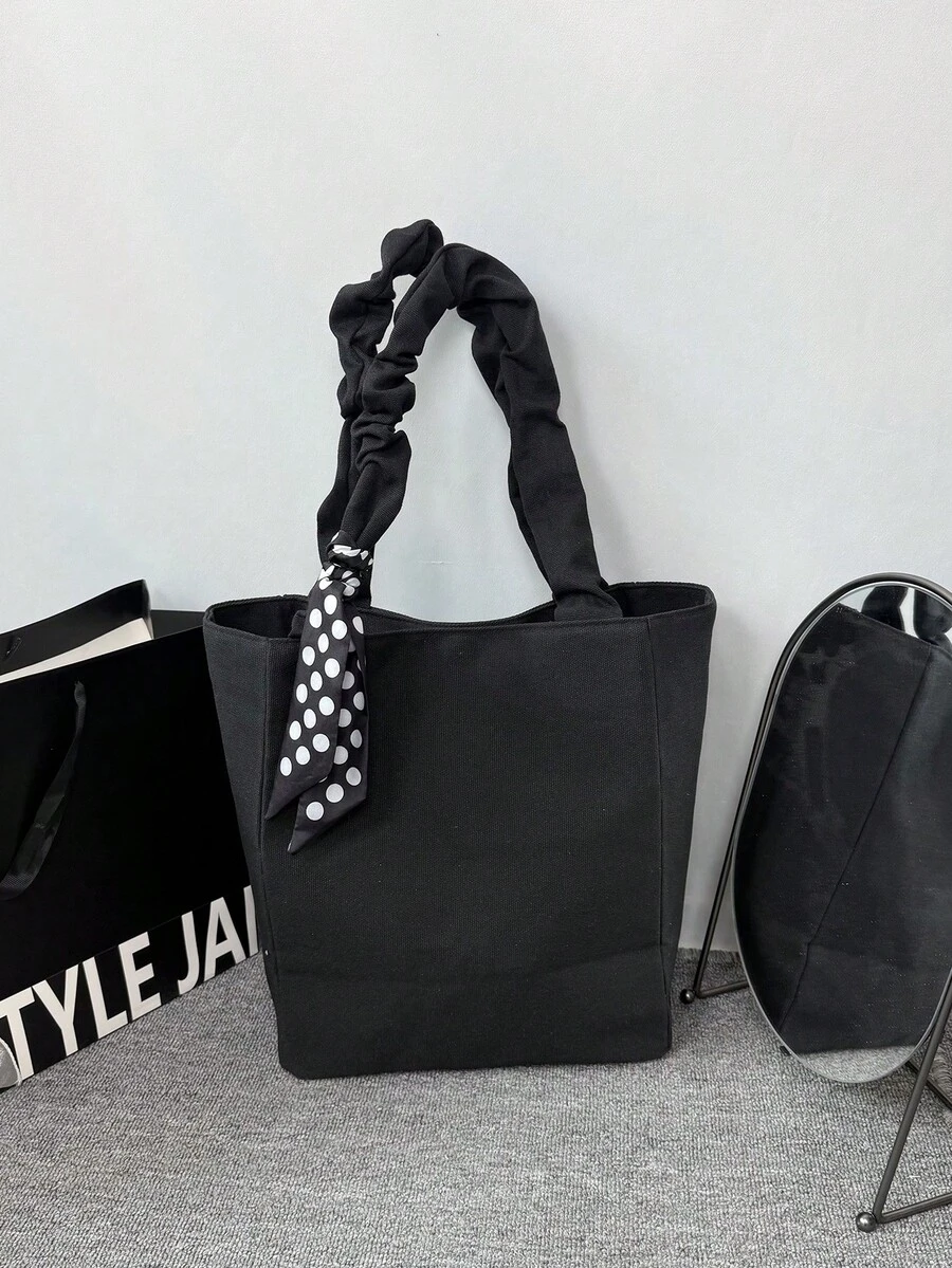 Large Capacity Crinkle Canvas Tote Bag For Women - Black - View 1
