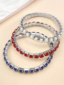 3pcs Set Red White Blue Resin Crystal Elastic Bracelets, European And American Independence Day Party Bling Bracelets - Multicolor - View 2
