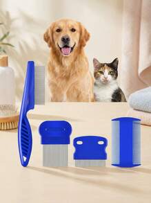 PETSIN 4 件装除蚤虱梳，不锈钢圆齿狗猫美容梳，双面专业宠物泪痕去除剂，适用于小型、中型和大型宠物的除毛工具情人节、情人节婚礼、生日、房间装饰、斋月装饰、家居装饰、浴室装饰、房间装饰、斋月装饰、家居装饰、浴室装饰 - 藍色 - 查看 6