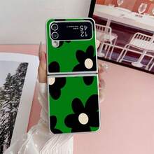 Green Background Black Flower Folding Phone Case With Chain, Suitable For Samsung Galaxy Z Flip3 5G/Galaxy Z Flip 4 5G/Galaxy Z Flip 5 5G/Galaxy Z Flip 6 5G/Galaxy Z Flip 7 5G, Cartoon Cute Folding Protective Case - Multicolor - View 4